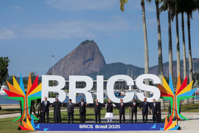 O3ICMAJP6ZOJ5PROLKO4GGMLNQ Brazil's President Luiz Inacio Lula da Silva, China's Premier Li Qiang, Russia's Foreign Minister Sergei Lavrov, India's Prime Minister Narendra Modi, Indonesian President Prabowo Subianto, South Africa's President Cyril Ramaphosa, Egypt's Prime Minister Mostafa Madbouly, Ethiopia's Prime Minister Abiy Ahmed Ali, Crown Prince of Abu Dhabi Sheikh Khaled bin Mohamed bin Zayed Al Nahyan, Iran's Foreign Affairs Minister Seyed Abbas Araghchi pose for a family photo during the BRICS Summit in Rio de Janeiro, Brazil July 6, 2025. REUTERS/Pilar Olivares