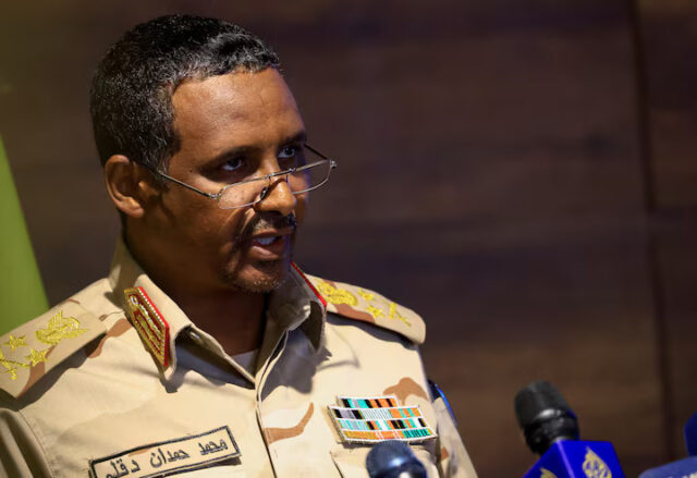 S2T3CHJ4W5NJDG3YYB7SGXHDV4 Deputy head of Sudan's sovereign council General Mohamed Hamdan Dagalo speaks during a press conference at Rapid Support Forces head quarter in Khartoum, Sudan February 19, 2023. REUTERS/Mohamed Nureldin Abdallah/File Photo