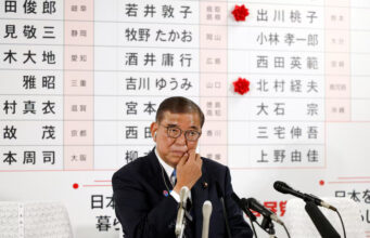Shigeru Ishiba, Japan's Prime Minister and president of the ruling Liberal Democratic Party (LDP), listens to a question from a journalist at the LDP headquarters, on the day of Upper House election, in Tokyo, Japan July 20, 2025. Franck Robichon/Pool via REUTERS
