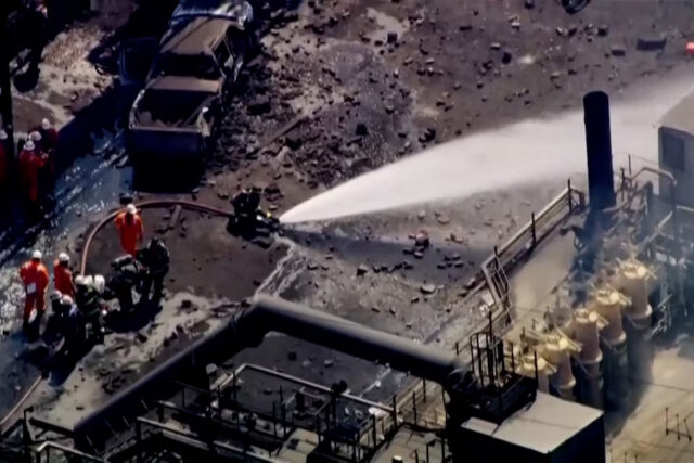 756QZX42BFJXHD4CDGS4IZQ5DY Firefighters spray water on the site of an explosion at U.S. Steel's Clairton Coke Works plant in Clairton, Pennsylvania, U.S. August 11, 2025 in this screengrab obtained from an aerial video. ABC Affiliate WTAE via REUTERS.