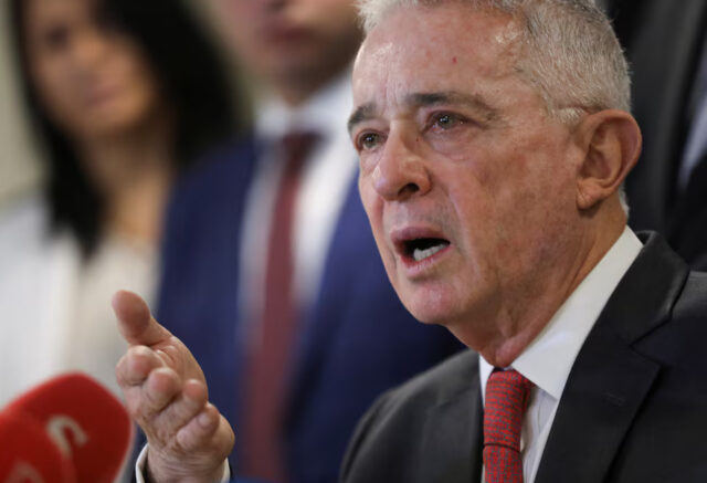AACRGDASY5LS7EIKHOKROPLDIY Colombia's former president Alvaro Uribe speaks during a news conference in Bogota, Colombia, April 18, 2024. REUTERS/Luisa Gonzalez/File Photo