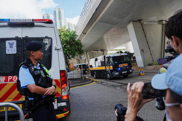 EZJ5Y2DWLVLTLGTDJFMDRXBXYA A prison van believed to be carrying Jimmy Lai arrives at the West Kowloon Magistrates' Courts building for the closing submissions in the national security collusion trial of Jimmy Lai, founder of the now-defunct pro-democracy newspaper Apple Daily, in Hong Kong, China, August 15, 2025. REUTERS/Lam Yik