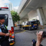 A prison van believed to be carrying Jimmy Lai arrives at the West Kowloon Magistrates' Courts building for the closing submissions in the national security collusion trial of Jimmy Lai, founder of the now-defunct pro-democracy newspaper Apple Daily, in Hong Kong, China, August 15, 2025. REUTERS/Lam Yik