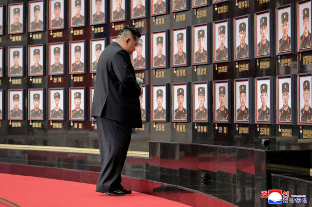 NEDF7HIAL5I6PPAAK376FZGJHA North Korean leader Kim Jong pays homage to the soldiers killed during operations as he attends a national commendation ceremony for the commanders and fighters of the Korean People's Army's overseas operations unit, at the headquarters of the Central Committee of the Korean Workers' Party, in Pyongyang, North Korea, in this photo released on August 22, 2025 by North Korea's Korean Central News Agency (KCNA). KCNA via REUTERS/ File Photo