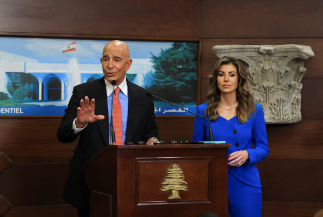 NII3P5OIFRM5DENIJBZQAF65MI U.S. Ambassador to Turkey and U.S. special envoy for Syria Thomas Barrack speaks after meeting with Lebanese President Joseph Aoun (not pictured) as Deputy Special Presidential Envoy to the Middle East Morgan Ortagus stands next to him, at the presidential palace in Baabda, Lebanon August 26, 2025. REUTERS/Mohamed Azakir
