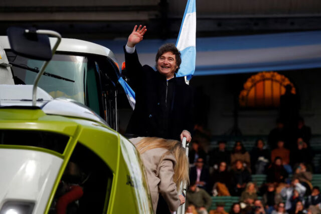 PAT67AK53ZM77LIQBPLLQ3BEIU Argentina's President Javier Milei attends the official opening ceremony of the Rural Society's 137th annual exhibition, in Buenos Aires, Argentina, July 26, 2025. REUTERS/Matias Baglietto/File Photo