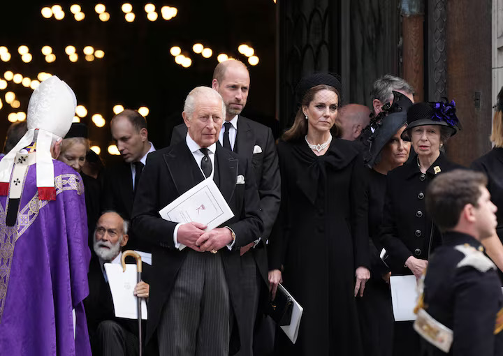 King Charles III with the Prince and Princess of Wales leave after the Requiem Mass service for the Duchess of Kent, at Westminster Cathedral, central London, September 16, 2025. This is the first Catholic funeral service held for a member of the royal family in modern British history. Katharine, the wife of the late Queen's cousin the Duke of Kent, converted to Catholicism in 1994. Jordan Pettitt/Pool via REUTERS
