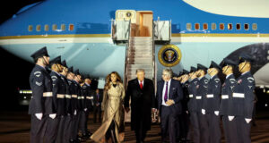 US President Donald Trump Arrives In UK For Second State Visit U.S. President Donald Trump walks with first lady Melania Trump and Viscount Henry Hood upon arrival at London Stansted Airport for a state visit to Britain, near London, Britain, September 16, 2025. REUTERS/Kevin Lamarque