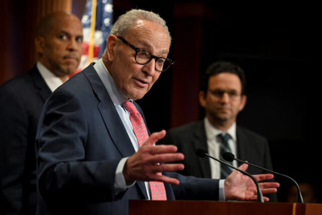 FS4XTGSA25P5JO4KD2BDBI6GKM U.S. Senate Minority Leader Chuck Schumer (D-NY) accompanied by other Democratic Senators holds a press conference following a vote in the U.S. Senate on a stopgap spending bill to avert a partial government shutdown that would otherwise begin on October 1, on Capitol Hill in Washington, D.C. U.S., September 19, 2025. REUTERS/Annabelle Gordon/File Photo