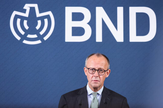 German Chancellor Friedrich Merz speaks on the day of the handover of the presidency of Federal Intelligence Service BND (Bundesnachrichtendienst), in Berlin, Germany, September 11, 20