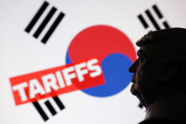 A 3D-printed miniature model of U.S. President Donald Trump, the South Korea flag and the word "Tariffs" are seen in this illustration taken July 23, 2025. REUTERS/Dado Ruvic/Illustration