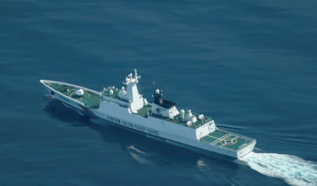MOCCZVXFBFNNPK36COTRIOIXGU An aerial view of a China Coast Guard ship navigating near the disputed Scarborough Shoal, as Philippine Coast Guard aircraft carrying journalists patrols the area, days after two Chinese vessels collided in the area while allegedly trying to block a Philippine supply mission, in the South China Sea, August 13, 2025. REUTERS/Adrian Portugal/File Photo