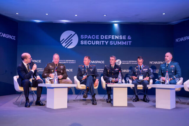 Western military space officials attend at a conference hosted by Novaspace in Paris, France, September 16, 2025. From left to right, moderator Novaspace CEO Pacome Revillon; Major General Brian Gibson, Director, Strategy, Plans, and Policy, J5, United States Space Command; Major General Michael Traut, Commander, German Space Command; Major General Vincent Chusseau, Commander, French Space Command; Major General Isaac Manuel Crespo Zaragoza, Chief of the Spanish Space Command Mando del Espacio; Brigadier General Christopher Horner, Commander, 3 Canadian Space Division Canadian Armed Forces. Novaspace/Handout via REUTERS