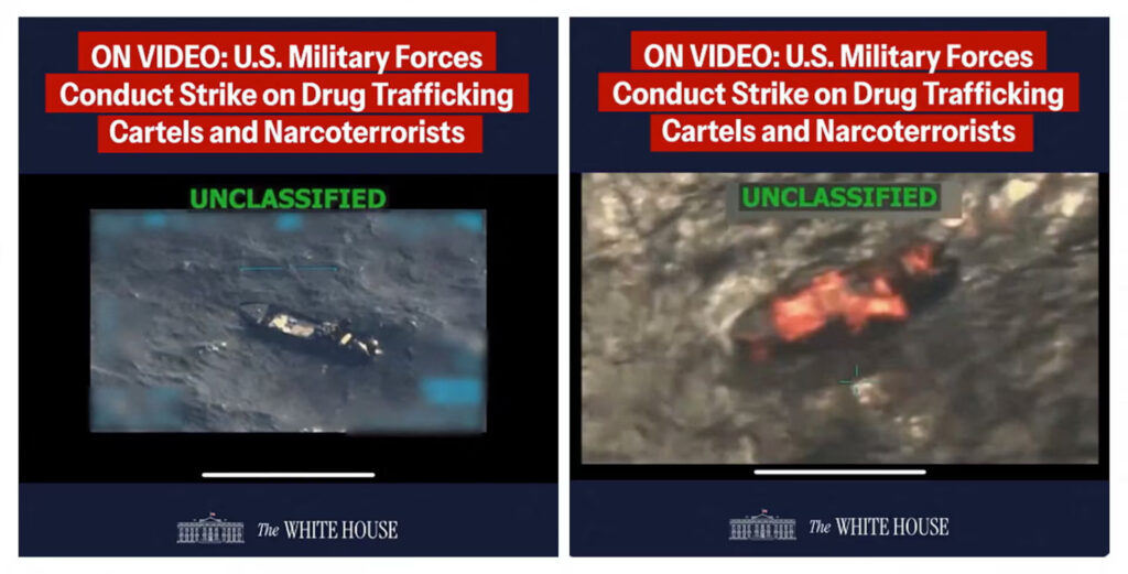 A combination image shows two screen captures from a video posted on the X account of The White House on September 15, 2025, depicting what U.S. President Donald Trump said was a U.S. military strike on a Venezuelan drug cartel vessel that had been on its way to the United States, the second such strike carried out against a suspected drug boat in recent weeks. The White House/Handout via REUTERS.