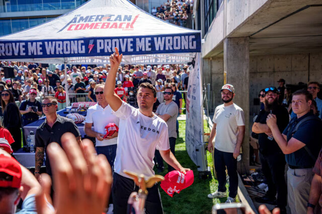 UAIG4JZMXFNU5LHHSBXH76SRAQ U.S. right-wing activist and commentator Charlie Kirk throws hats to the crowd shortly before he was shot at a Utah Valley University speaking event in Orem, Utah, U.S. September 10, 2025. Trent Nelson/The Salt Lake Tribune via REUTERS.