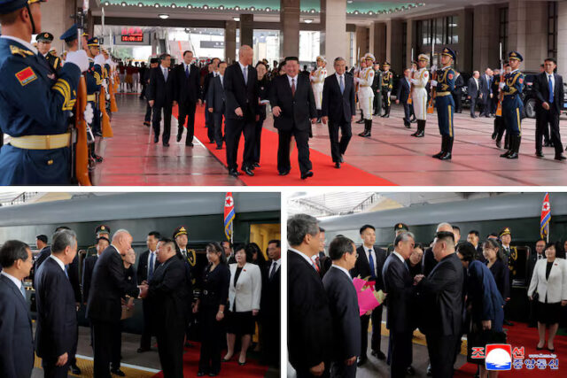 YPH4OW7J3ZPNZPDZ4PZVNCM6IE A combination picture released by the Korean Central News Agency on September 2, 2025, shows North Korean leader Kim Jong Un walking (top), and being greeted next to his daughter Kim Ju Ae by Director of the General Office of the Chinese Communist Party (CCP) Cai Qi (bottom left) and Chinese Foreign Minister Wang Yi (bottom right), after his arrival in Beijing, China. KCNA via REUTERS