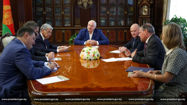Members of the delegations, led by Belarusian President Alexander Lukashenko and John Coale, a representative of U.S. President Donald Trump, attend a meeting in Minsk, Belarus September 11, 2025. Press Service of the President of the Republic of Belarus/Handout via REUTERS