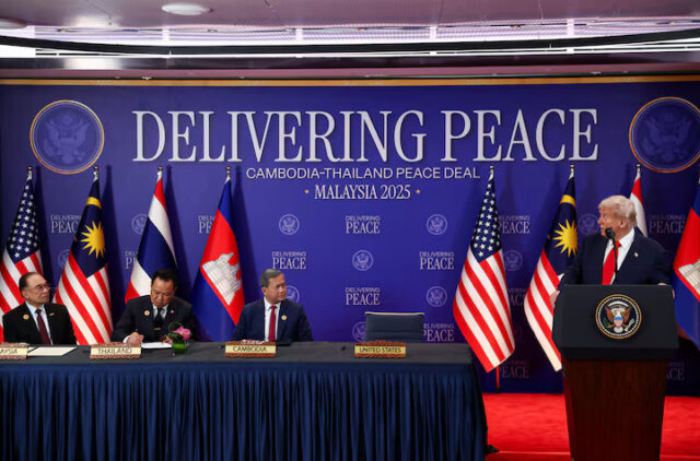 MUTGU4YQOFJ2NMAR6LIYFQIFWU Malaysia's Prime Minister Anwar Ibrahim, Thailand's Prime Minister Anutin Charnvirakul and Cambodia’s Prime Minister Hun Manet look on as U.S. President Donald Trump speaks ahead of the signing of a ceasefire deal between Cambodia and Thailand on the sidelines of the 47th Association of Southeast Asian Nations (ASEAN) summit in Kuala Lumpur, Malaysia, October 26, 2025. REUTERS/Evelyn Hockstein