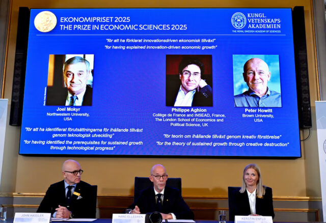 PGSP7D3EYJJVXM4A3MYZDBGJVE The Nobel Prize in Economics 2025 is awarded to Joel Mokyr, Northwestern University, Evanston, Illinois, U.S., Philippe Aghion, College de France and INSEAD, Paris, France, and The London School of Economics and Political Science, UK, and Peter Howitt, Brown University, Providence, Rhode Island, U.S., The Sveriges Riksbank Prize in Economic Sciences in Memory of Alfred Nobel, the Nobel Prize in Economic Sciences 2025, is presented during a press conference at the Royal Swedish Academy of Sciences in Stockholm, Sweden on Monday 13 October 2025. Professor John Hassler, Chairman of the Committee for the Prize in Economic Sciences in Memory of Alfred Nobel, Hans Ellegren, Permanent Secretary of the Academy of Sciences and Professor Kerstin Enflo, Member of the Committee for the Prize in Economic Sciences in Memory of Alfred Nobel. Anders Wiklund/TT News Agency/via REUTERS