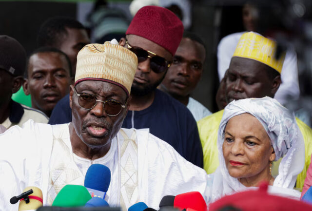 R6DKO6BAHFLF3J6NAHO263Y4LI Presidential candidate Issa Tchiroma Bakary of the Cameroon National Salvation Front (FSNC) speaks to the media after casting his vote on the day of Cameroon’s presidential election at the polling station of Ecole Maternelle de Foulbere in Garoua, Cameroon, October 12, 2025. REUTERS/Desire Danga Essigue