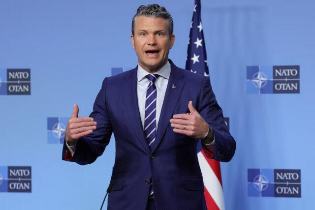 S2LIGCOZZNOZNL4D23CHJR6ZC4 U.S. Secretary of Defense Pete Hegseth speaks as he gives an address on the day of a meeting of NATO Defence Ministers at the Alliance headquarters in Brussels, Belgium October 15, 2025. REUTERS/Yves Herman