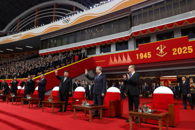 TXDAS7NRYBKPRJME6L6RGFPZZI North Korean leader Kim Jong Un, General Secretary of the Communist Party of Vietnam To Lam and Deputy Chairman of the Russian Security Council and leader of the United Russia political party Dmitry Medvedev attend an event marking the 80th anniversary of the founding of the ruling Workers' Party of Korea (WPK), in Pyongyang, North Korea October 9, 2025. Sputnik/Yekaterina Shtukina/Pool via REUTERS