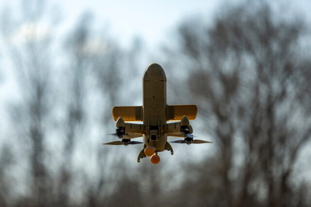 Wild Hornets engineers demonstrate Ukrainian Sting interceptor drones in Ukraine