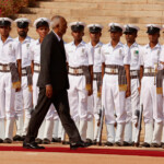 Maldives President Mohamed Muizzu inspects an honour guard during his ceremonial reception at the forecourt of India's Presidential Palace Rashtrapati Bhava. REUTERS/Adnan Abidi