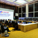 General view of Prime Minister Narendra Modi speaking at the 21st ASEAN-India Summit at the National Convention Centre, in Vientiane, Laos. REUTERS/Athit Perawongmetha