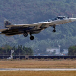A Russian SU-57 stealth fighter jet flies in the sky at the China International Aviation and Aerospace Exhibition, or Airshow China, in Zhuhai, Guangdong province, China November 12, 2024. REUTERS/Tingshu Wang