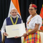 Dominica President Sylvanie Burton of conferred on PM Narendra Modi the "Dominica Award of Honour". (Courtesy: @MEAIndia via X)