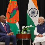 PM Narendra Modi met PM Roosevelt Skerrit of Dominica on the sidelines of the 2nd India-CARICOM Summit in Guyana. (Courtesy: @MEAIndia via X)