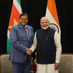 PM Narendra Modi met President Chan Santokhi of Suriname on the sidelines of the 2nd India-CARICOM Summit in Georgetown. (Courtesy: @MEAIndia via X)