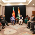PM Narendra Modi met President Chan Santokhi of Suriname on the sidelines of the 2nd India-CARICOM Summit in Georgetown. (Courtesy: @MEAIndia via X)