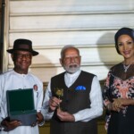 PM Narendra Modi was welcomed by Minister for Federal Capital Territory Nyesom Ezenwo Wike, who presented PM with the ‘Key to the City’ of Abuja. (Courtesy: @PMOIndia via X)