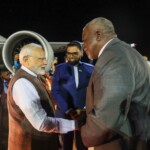 PM Narendra Modi was received by President Mohamed Irfaan Ali, PM Mark Anthony Phillips & Cabinet Ministers at the airport. (Courtesy: @MEAIndia via X)