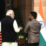 Sri Lanka's President Anura Kumara Dissanayake speaks with India's Prime Minister Narendra Modi during a photo opportunity ahead of their meeting at Hyderabad House in New Delhi, India, December 16, 2024. REUTERS/Stringer
