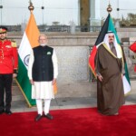 PM Narendra Modi arrived at the Bayan Palace in Kuwait to a ceremonial welcome and Guard of Honour. He was received by PM Sheikh Ahmed Abdullah Al-Ahmed Al-Sabah. (Courtesy: @MEAIndia via X)