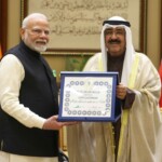 Sheikh Meshal Al-Ahmad Al-Jaber Al-Sabah, the Amir of Kuwait conferred PM Narendra Modi with The Order of Mubarak Al-Kabeer, highest national award of Kuwait. (Courtesy: @narendramodi via X)