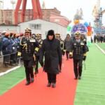 Defence Minister Rajnath Singh and Chief of the Naval Staff Admiral Dinesh K Tripathi attend the commissioning ceremony of INS Tushil at the Yantar Shipyard in Kaliningrad, Russia