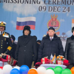 Defence Minister Rajnath Singh and Chief of the Naval Staff Admiral Dinesh K Tripathi attend the commissioning ceremony of INS Tushil at the Yantar Shipyard in Kaliningrad, Russia