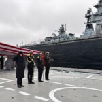 Defence Minister Rajnath Singh and Chief of the Naval Staff Admiral Dinesh K Tripathi attend the commissioning ceremony of INS Tushil at the Yantar Shipyard in Kaliningrad, Russia