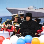 Defence Minister Rajnath Singh and Chief of the Naval Staff Admiral Dinesh K Tripathi attend the commissioning ceremony of INS Tushil at the Yantar Shipyard in Kaliningrad, Russia