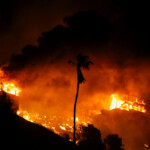 Smoke and flames engulf houses, as powerful winds fueling devastating wildfires in the Los Angeles area force people to evacuate, in the Pacific Palisades neighborhood on the west side of Los Angeles, California, U.S. January 8, 2025. REUTERS/Daniel Cole