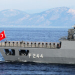 A Turkish navy ship takes part in the Blue Homeland-Mavi Vatan 2025 military exercise in the Aegean, off the shores of Turkey's coastal town of Marmaris January 9, 2025. REUTERS/Kenan Gurbuz