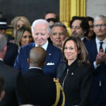 US President Joe Biden and Vice President Kamala Harris arrive for the inauguration ceremony before Donald Trump is sworn in as the 47th US President in the US Capitol Rotunda in Washington, DC, on January 20, 2025. SAUL LOEB/Pool via REUTERS