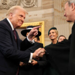 WASHINGTON, DC - JANUARY 20: U.S. President Donald Trump gestures to U.S. Supreme Court Chief Justice John Roberts after he was sworn in during inauguration ceremonies in the Rotunda of the U.S. Capitol on January 20, 2025 in Washington, DC. Donald Trump takes office for his second term as the 47th president of the United States. Chip Somodevilla/Pool via REUTERS TPX IMAGES OF THE DAY
