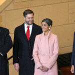 President Donald Trump (L) arrives in Emancipation Hall at the U.S. Capitol after being sworn in as the 47th president of the United State on Monday, January 20, 2025 in Washington, DC. At right is first lady Melania Trump and in the center Vice-President JD Vance and his wife Usha. BONNIE CASH/Pool via REUTERS