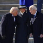 President Donald Trump, First lady Melania Trump and outgoing United States President Joe Biden participate in the departure ceremony for the Bidens on the East Front of the United States Capitol in Washington, DC after the swearing-in of Donald Trump as President on January 20, 2025. Chris Kleponis/Pool via REUTERS