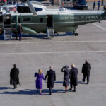 Jan 20, 2025; Washington, DC, USA; From left, former first lady Jill Biden, former President Joe Biden, first lady Melania Trump and President Donald Trump walk towards Marine One during the 2025 Presidential Inauguration at the U.S. Capitol after Trump and Vance were sworn in. Jack Gruber/Pool via REUTERS
